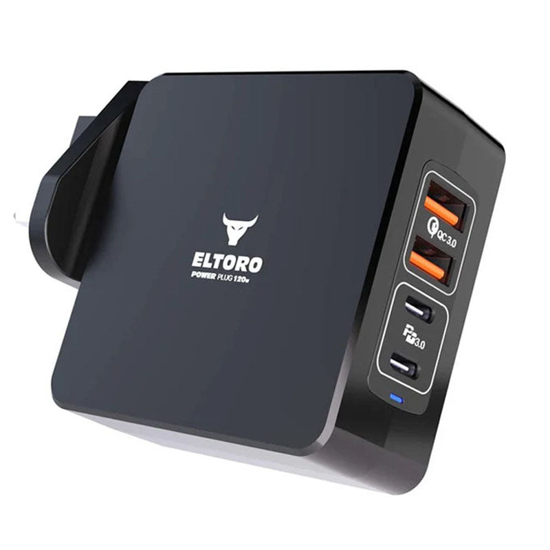 إلتورو شاحن عالمي 120 وات PD 3.0 و QC 3.0 GaN مع 4 منافذ 2 USB-A و 2 USB-C، أسود إلتورو شاحن عالمي 120 وات PD 3.0 و QC 3.0 GaN مع 4 منافذ 2 USB-A و 2 USB-C، أسود